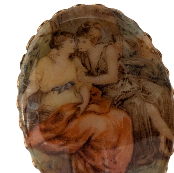 RENAISSANCE REVIVAL Transferware 1950 Painting Brooch Vintage Cameo Brooch Pin - Picture 4 of 8